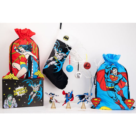 Batman-themed Christmas stocking in black with white cuff and bat emblem