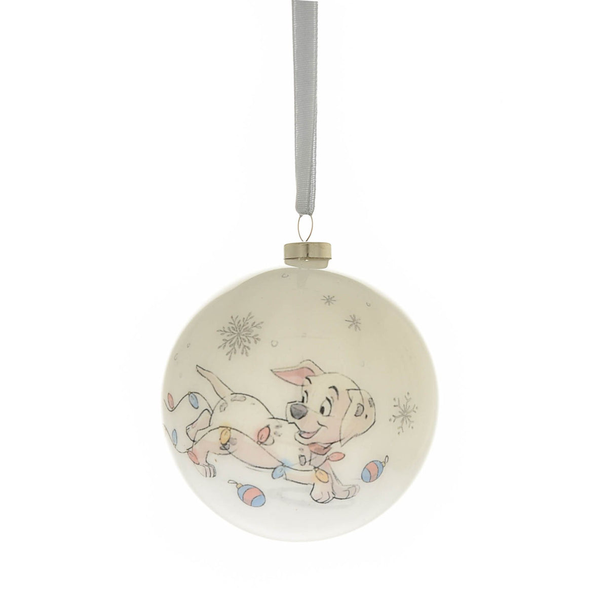 Round Christmas bauble with a smiling puppy-and-kitten cartoon, hanging by ribbon