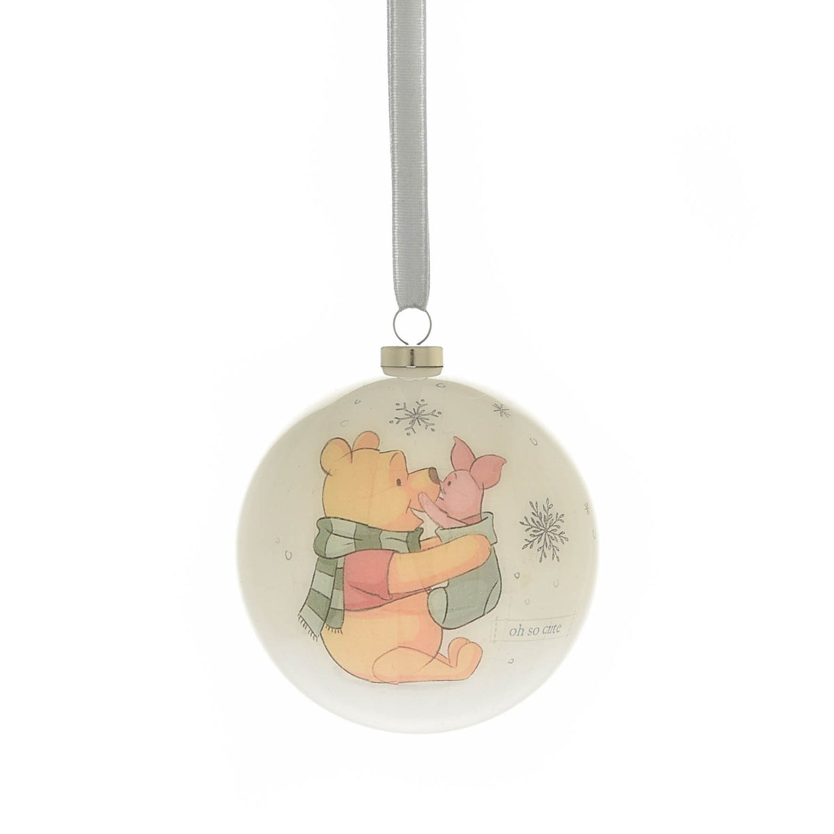 Round Christmas bauble with animal hug cartoon, snowflake details, hanging by ribbon