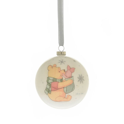 Round Christmas bauble with animal hug cartoon, snowflake details, hanging by ribbon