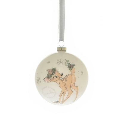 Round Christmas bauble with deer cartoon wearing a wreath, hanging by ribbon