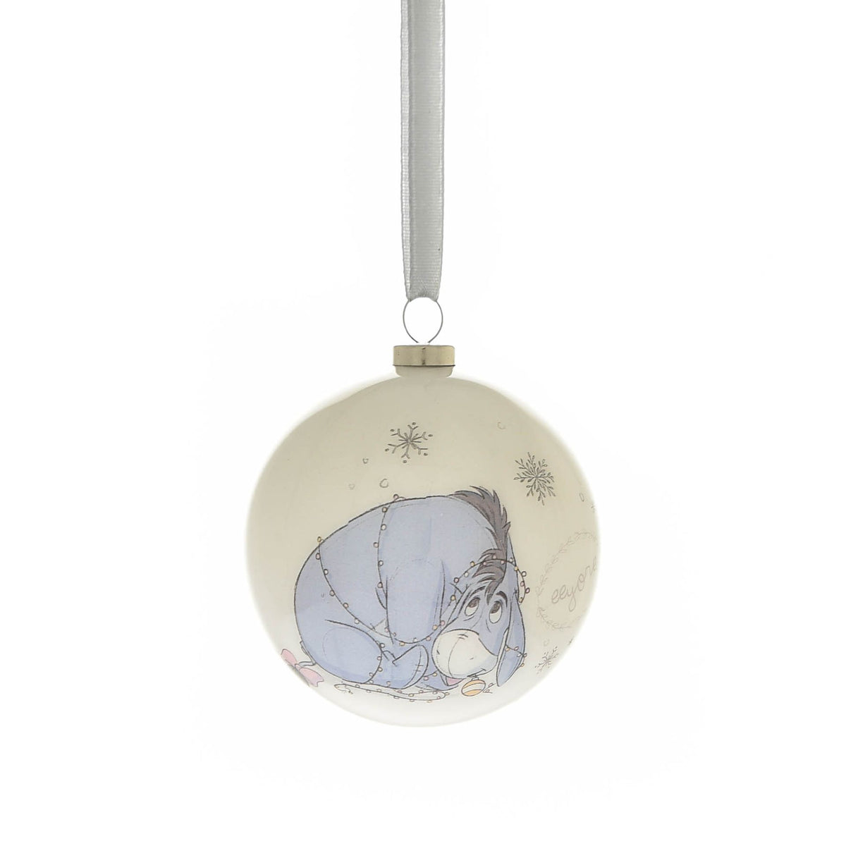 Round Christmas bauble with blue-toned animal character cartoon, hanging by ribbon