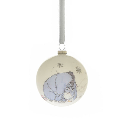 Round Christmas bauble with blue-toned animal character cartoon, hanging by ribbon