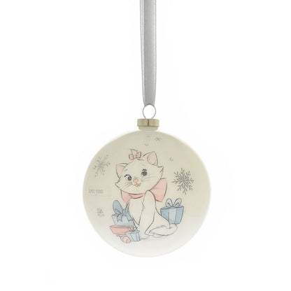 Round Christmas bauble with bunny holding a gift cartoon, snowflake accents, hanging by ribbon