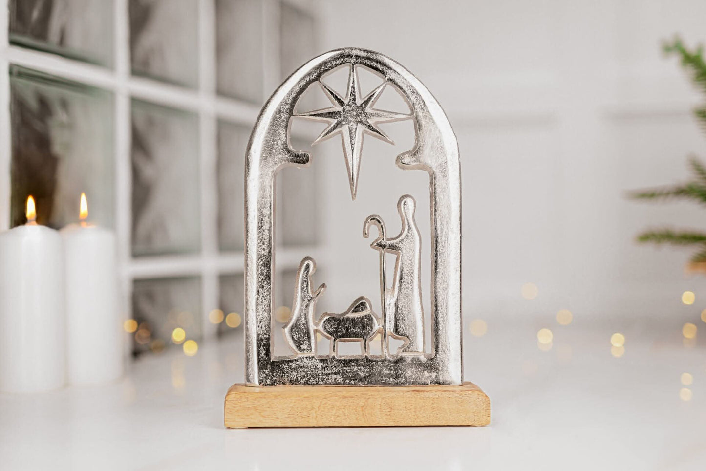 Christmas Nativity Scene Ornament Metal Mango Wood Decoration