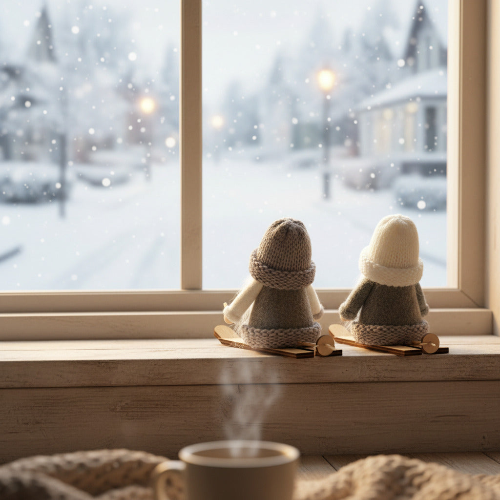 Pair of Grey Knitted Hat Gonks on Skis