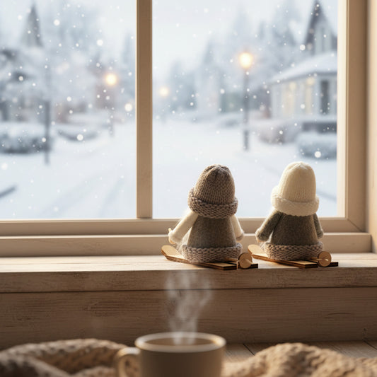 Pair of Grey Knitted Hat Gonks on Skis