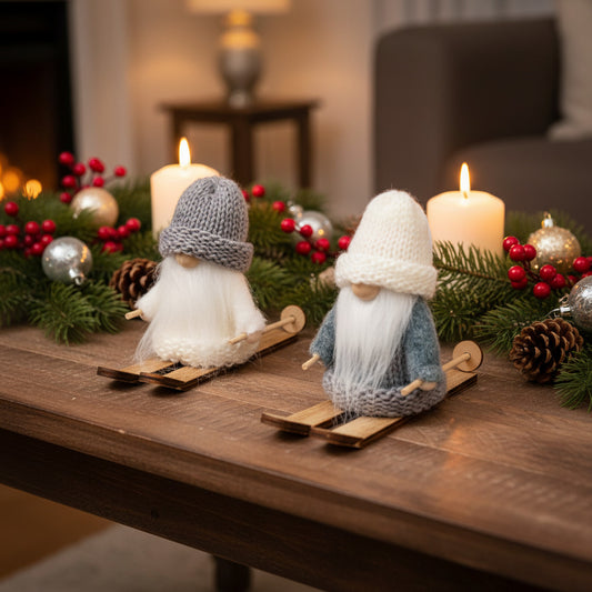 Pair of Grey Knitted Hat Gonks on Skis