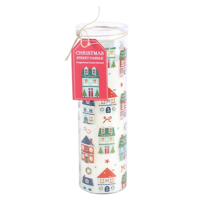Christmas street print tube candle in clear glass jar with pink hanging label
