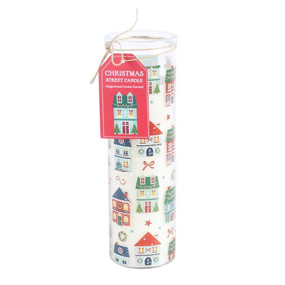 Christmas street print tube candle in clear glass jar with pink hanging label