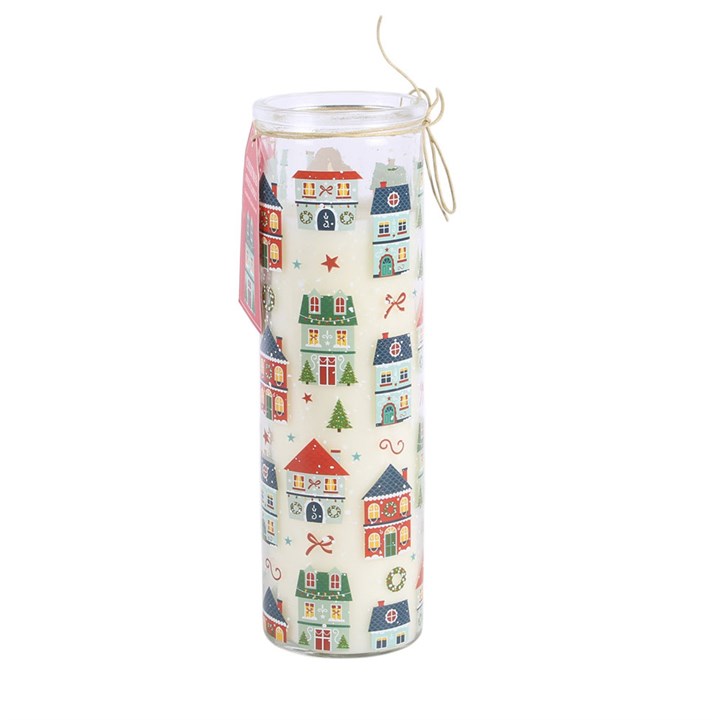 Christmas street print tube candle tall clear glass cylinder with hanging cord