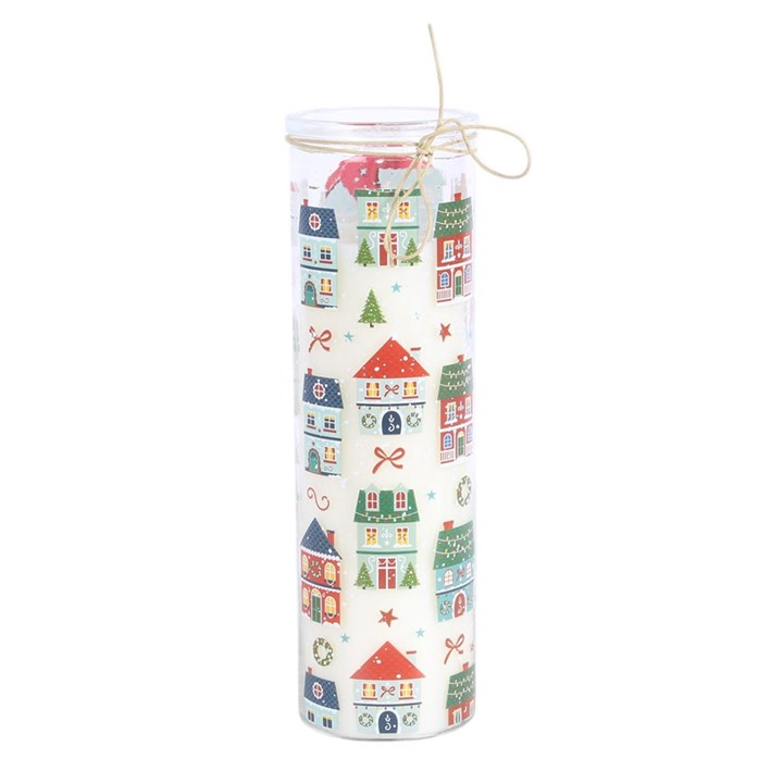 Christmas street print tube candle tall clear jar with tied top cord