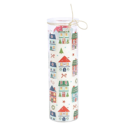 Christmas street print tube candle tall clear jar with tied top cord