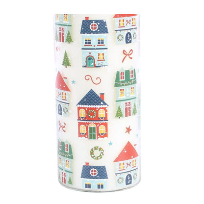 Christmas street print tube candle clear glass showing town house pattern