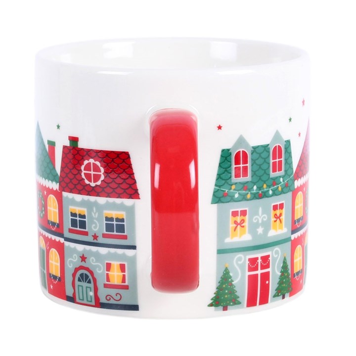 Christmas town print coffee mug with red interior handle detail