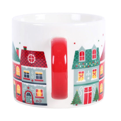Christmas town print coffee mug with red interior handle detail