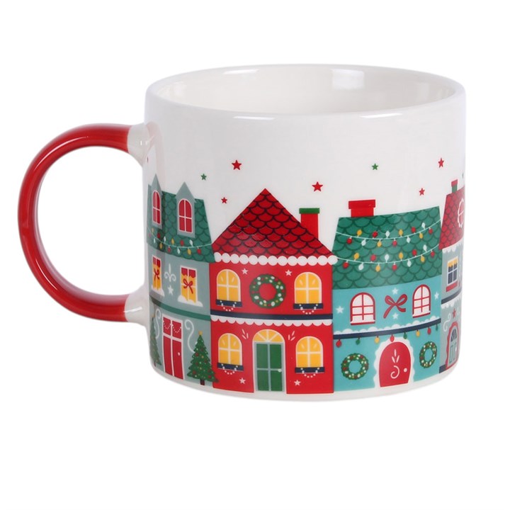 White ceramic Christmas street print mug with red handle