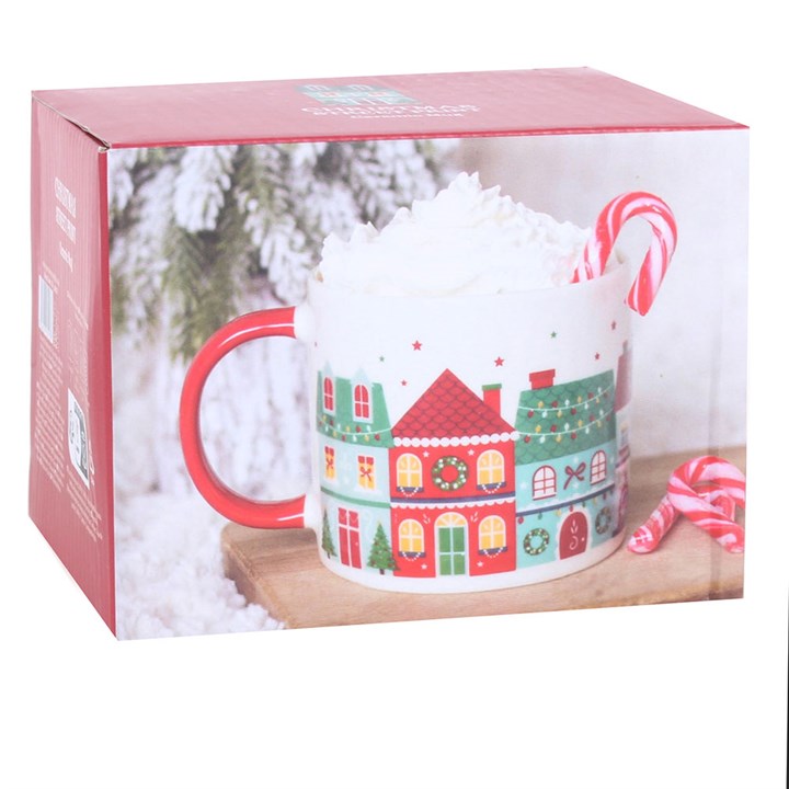 Christmas street print mug in gift box with red handle visible through window