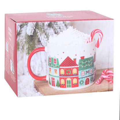 Christmas street print mug in gift box with red handle visible through window