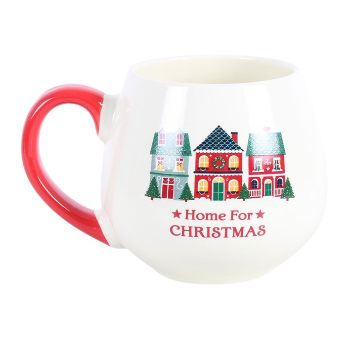 White Christmas mug with red handle, 'Home For Christmas' houses graphic.