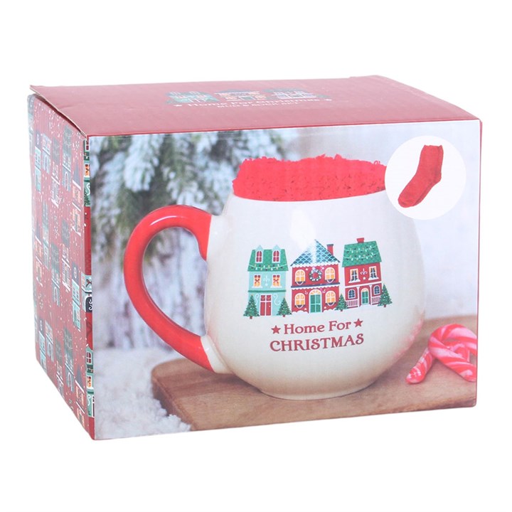 Christmas mug and socks gift set box with red mug and house print.