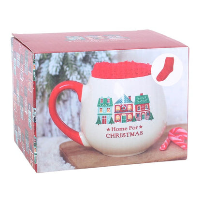 Christmas mug and socks gift set box with red mug and house print.