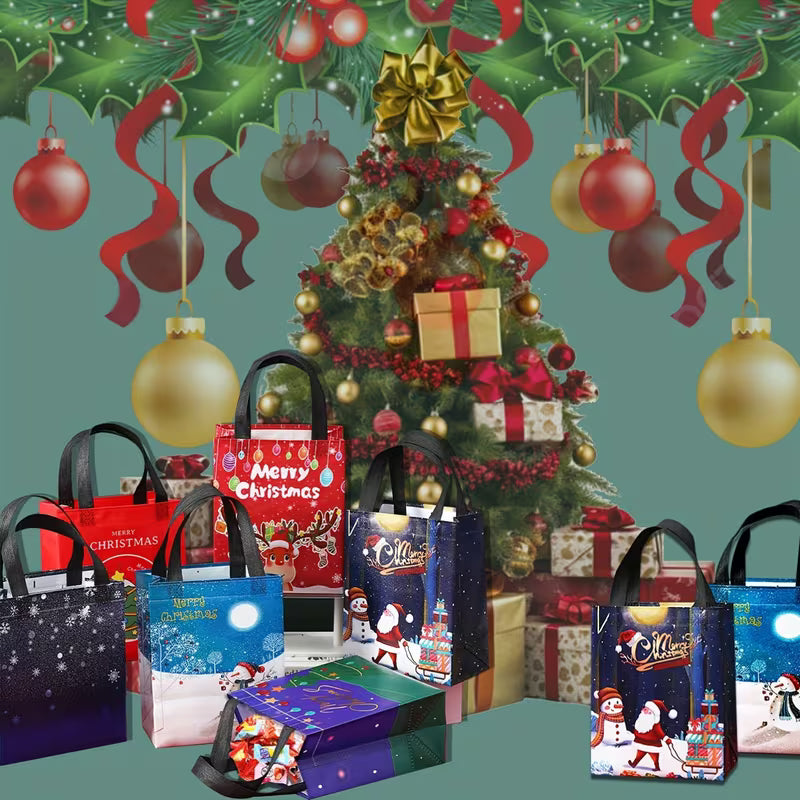 Decorated Christmas tree with ornaments and gift bags in front