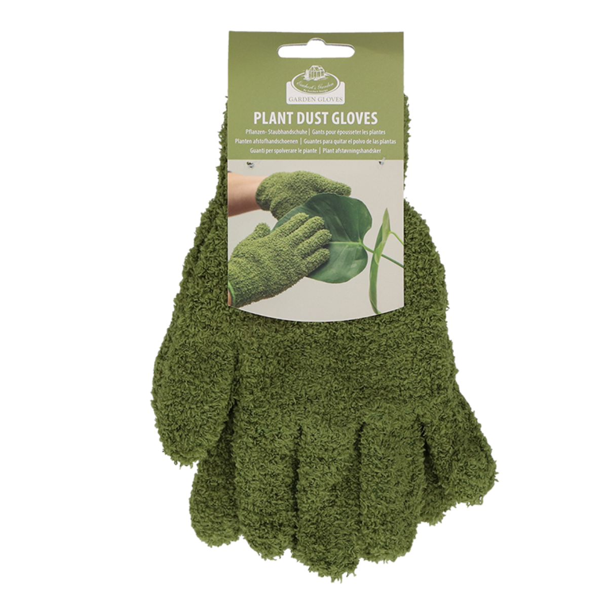 Green plant dust gloves in retail packaging with a hanging card labeled 'Plant Dust Gloves' and a small logo at the top, shown on a plain white background.