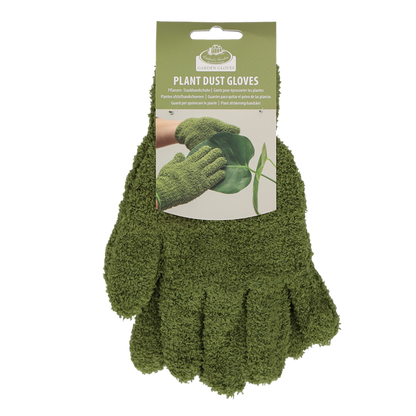 Green plant dust gloves in retail packaging with a hanging card labeled 'Plant Dust Gloves' and a small logo at the top, shown on a plain white background.