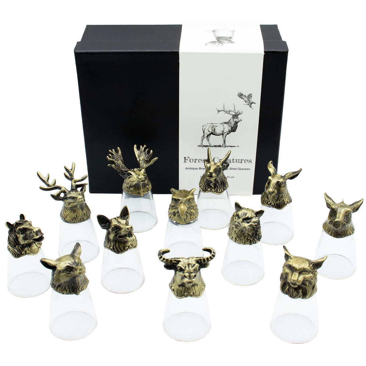 Set of 12 antique bronze bottom-up shot glasses with forest animal handles