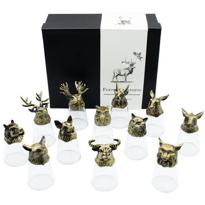 Set of 12 antique bronze bottom-up shot glasses with forest animal handles