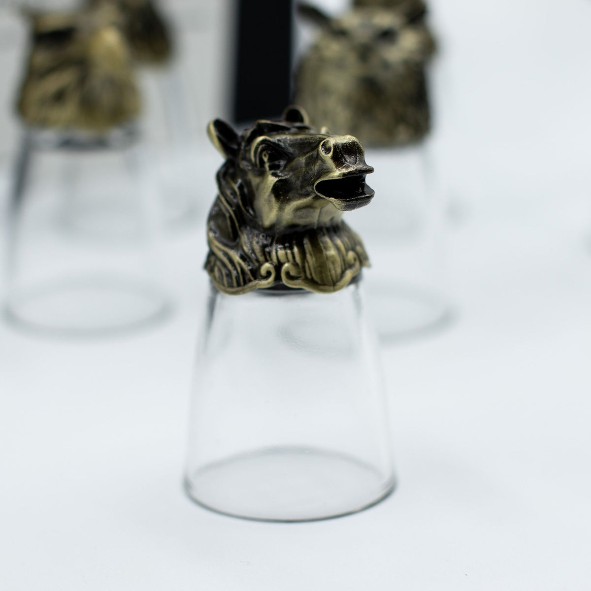 Antique bronze bear-head bottom-up shot glass, clear glass cup