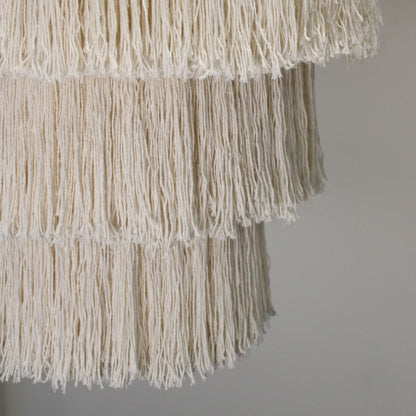 Natural macrame chandelier shade with vertical tassel fringe edge