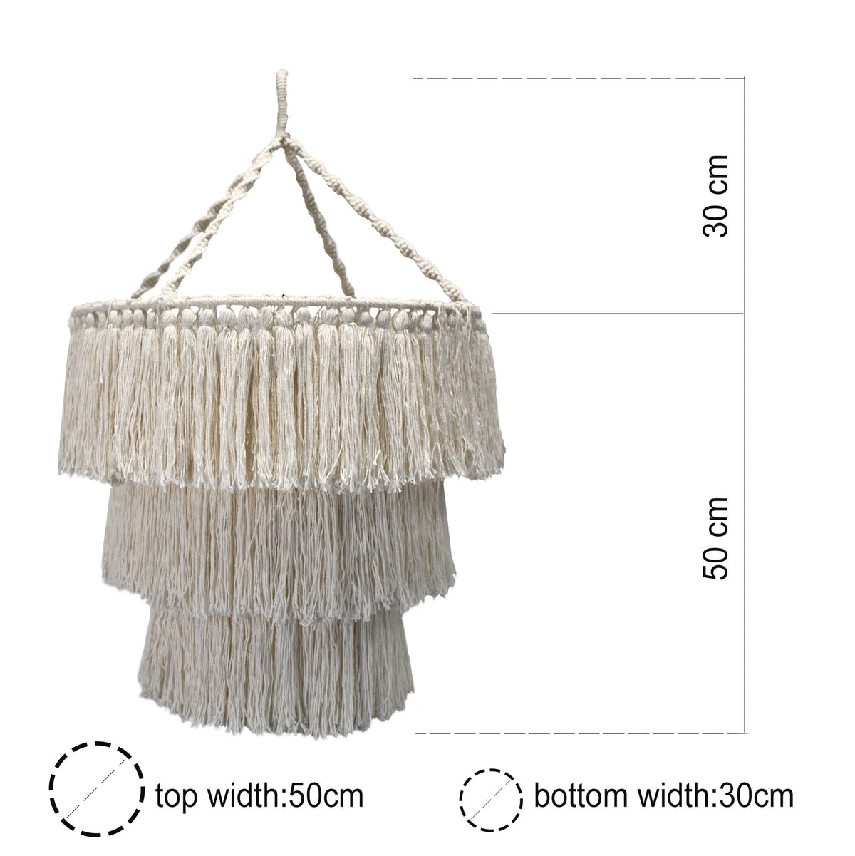 Cream macrame chandelier with fringed three-tier shade and braided cord hanger
