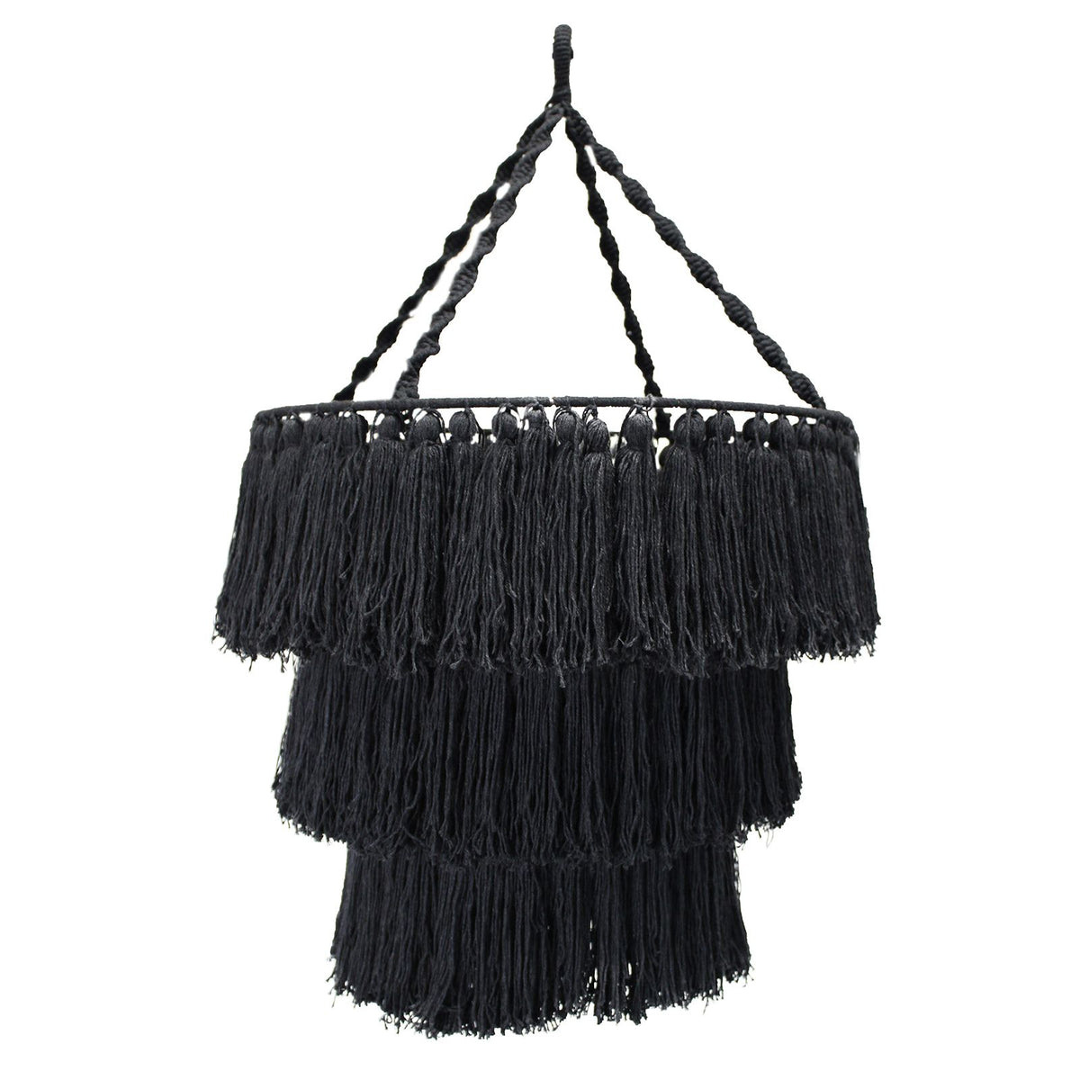 Black macrame chandelier with three tier fringed lampshade and braided cord hanger
