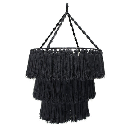 Black macrame chandelier with three tier fringed lampshade and braided cord hanger