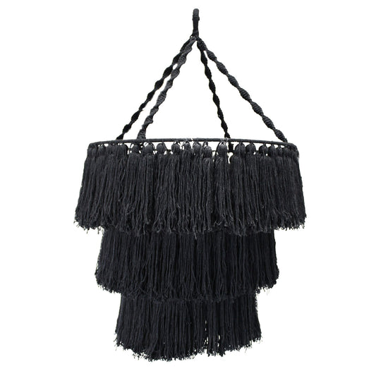 Black macrame chandelier with three tier fringed lampshade and braided cord hanger