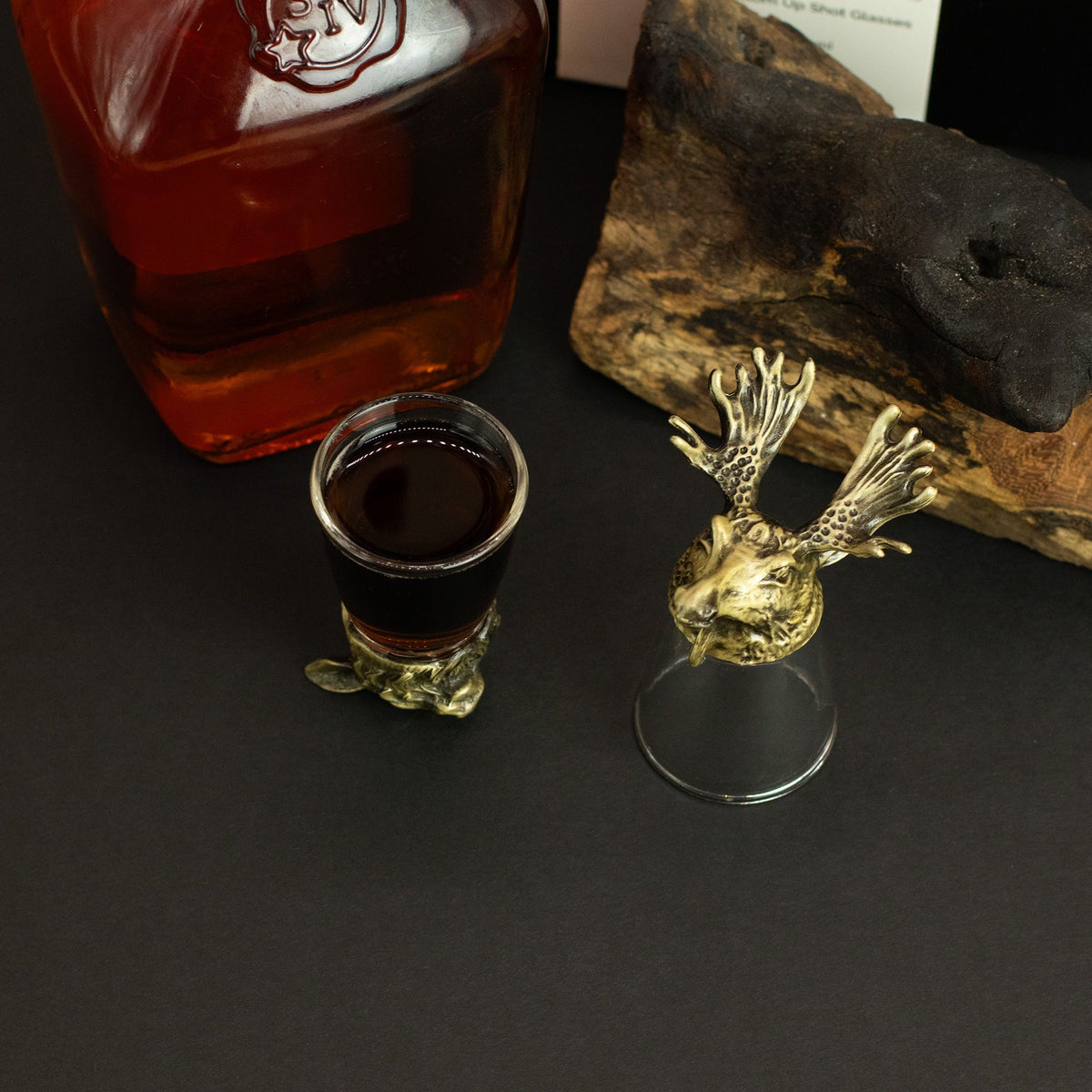 Forest creature shot glass with antique bronze deer topper and clear base