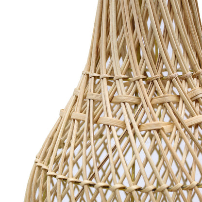 Natural rattan lamp shade with woven diamond lattice pattern and banding
