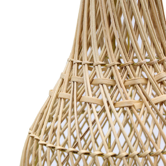 Natural rattan lamp shade with woven diamond lattice pattern and banding