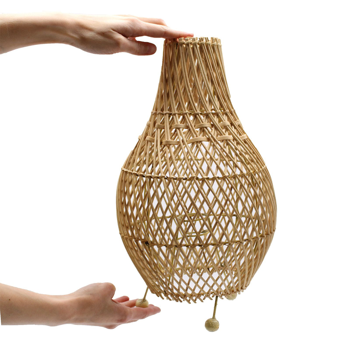Natural rattan table lamp, teardrop woven shade with three ball feet