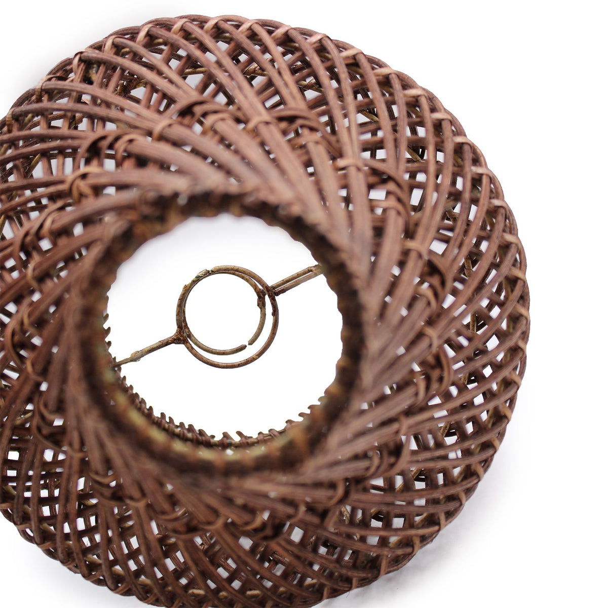 Dark rattan lamp shade close-up with circular top ring and woven lattice pattern