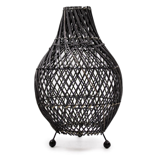 Black rattan table lamp with teardrop lattice shade and three-legged base