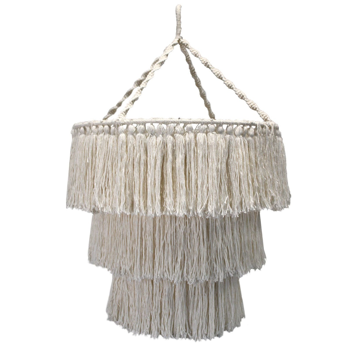 Natural macrame chandelier with layered fringed drum shades and braided hanger