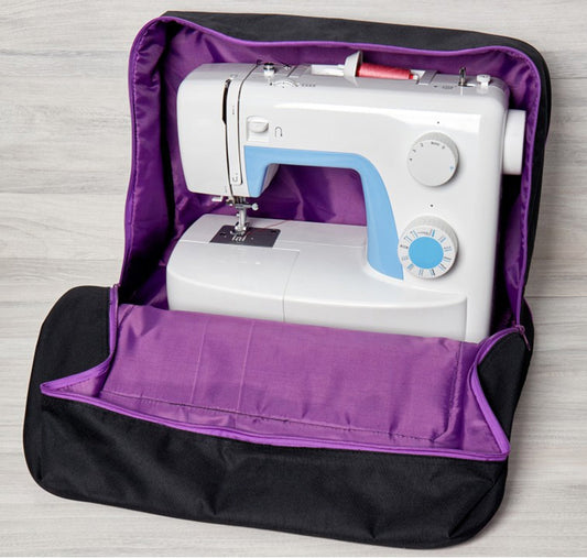 Black and Purple Sewing Accessories Storage Bag With Handle Zip Up Front Pocket Back Strap