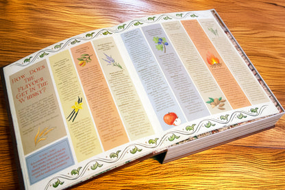 Illustrated scotch whisky book opened to printed tasting and information pages