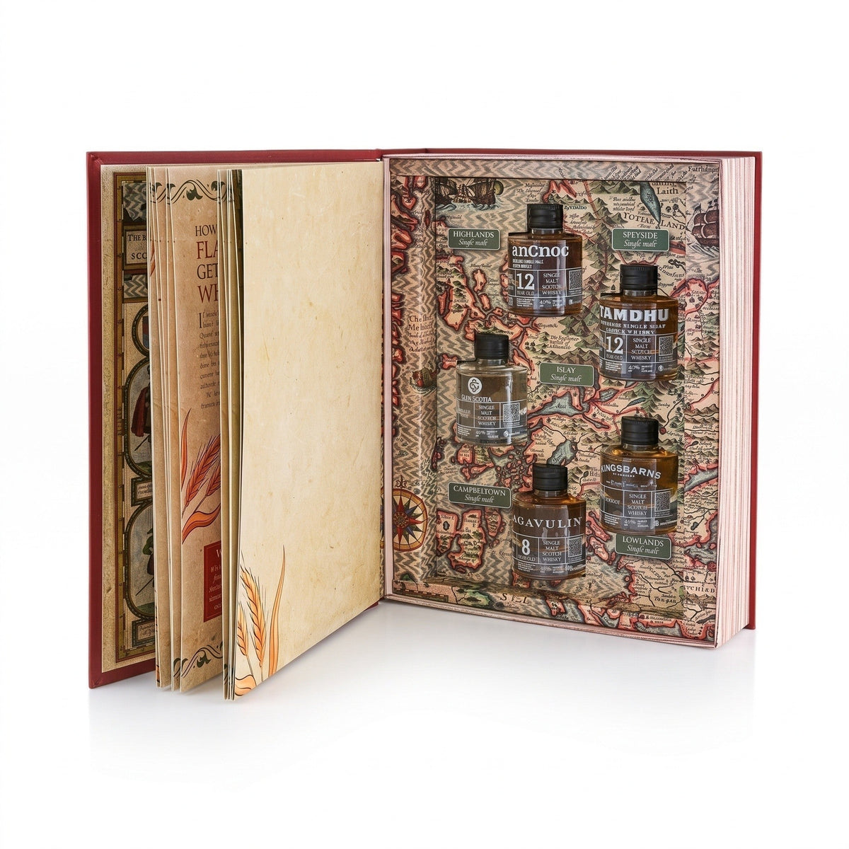 Whisky gift set book open with illustrated front pages and tasting guide booklet
