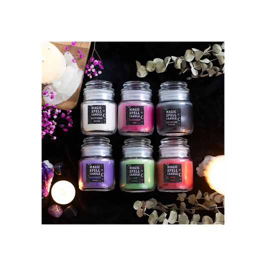 Magic spell candle jar gift set: six small scented jars with multicolor labels