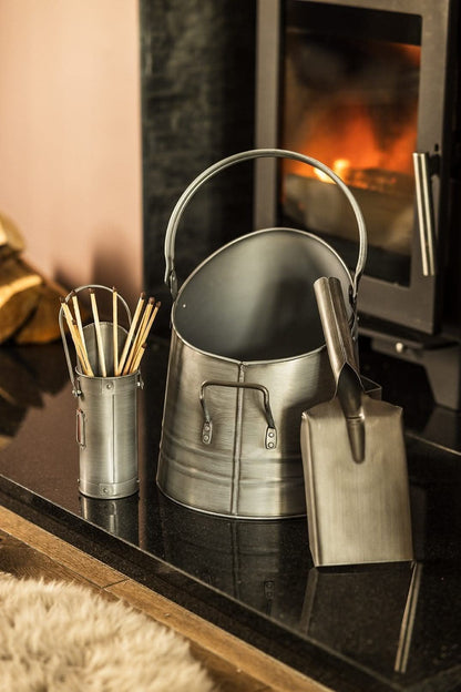 Silver Fireside Coal Bucket Shovel & Match Canister 3pc Set