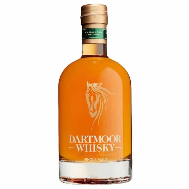 Single malt whisky bottle with amber liquid, gold cap, and Dartmoor Whisky label on front.
